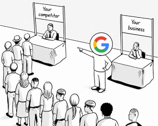 An illustration of Google directing customers from a business toward its competitor