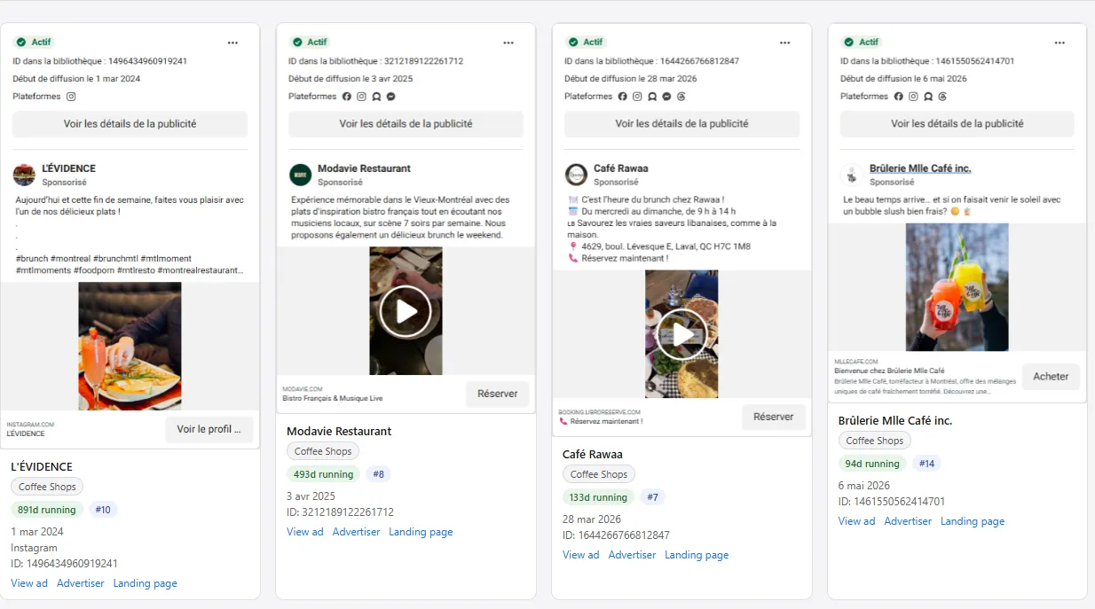 A public advertising swipe file showing four active hospitality campaigns and their research notes